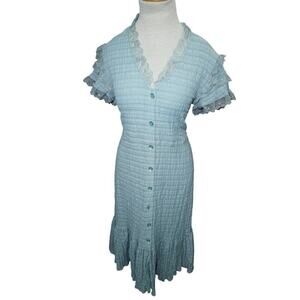 Opening Ceremony Blue Crinkle Lace Midi  Ruffle Trim Cottagecore Button Small